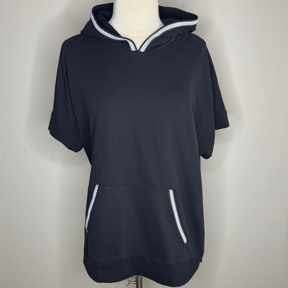 LIVI for Lane Bryant Soft Black Short-Sleeve Hoodie with White Trim